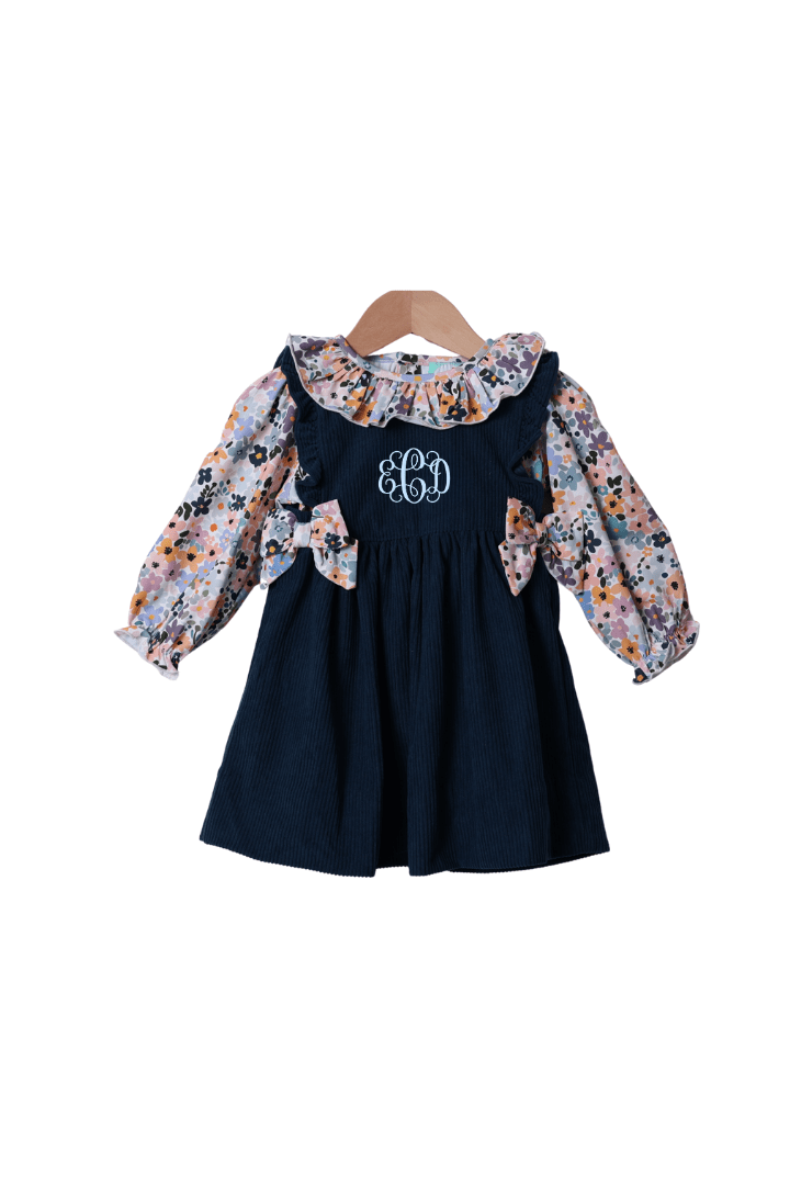 The Smocked Flamingo Children's Clothing Navy Corduroy Fall Floral 2 Pc Dress