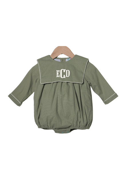 The Smocked Flamingo Children's Clothing Olive Green Linen Bib Long Sleeve Bubble