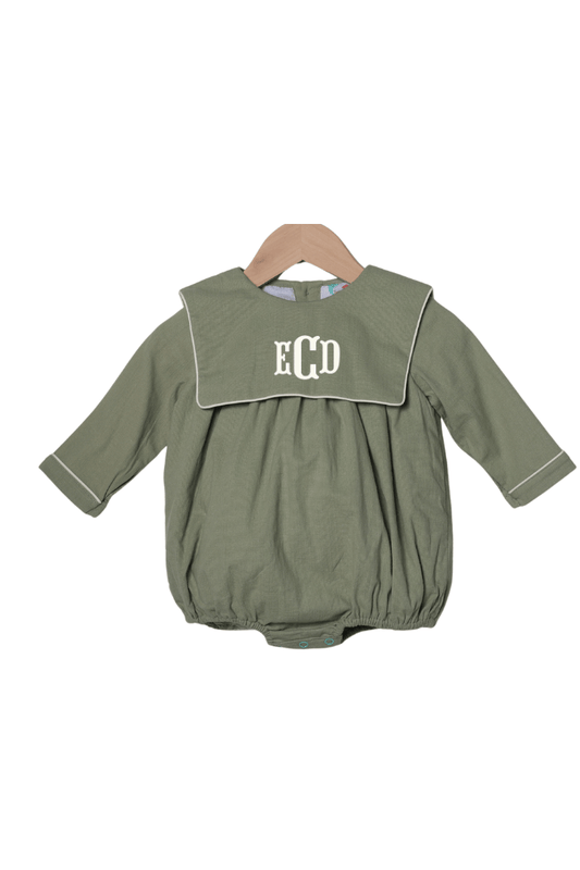 The Smocked Flamingo Children's Clothing Olive Green Linen Bib Long Sleeve Bubble