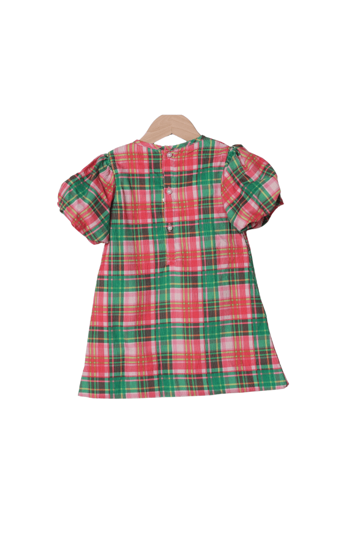 The Smocked Flamingo Children's Clothing Pink Holiday Plaid Puff Sleeve Corduroy Dress