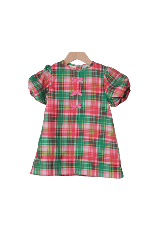 The Smocked Flamingo Children's Clothing Pink Holiday Plaid Puff Sleeve Corduroy Dress