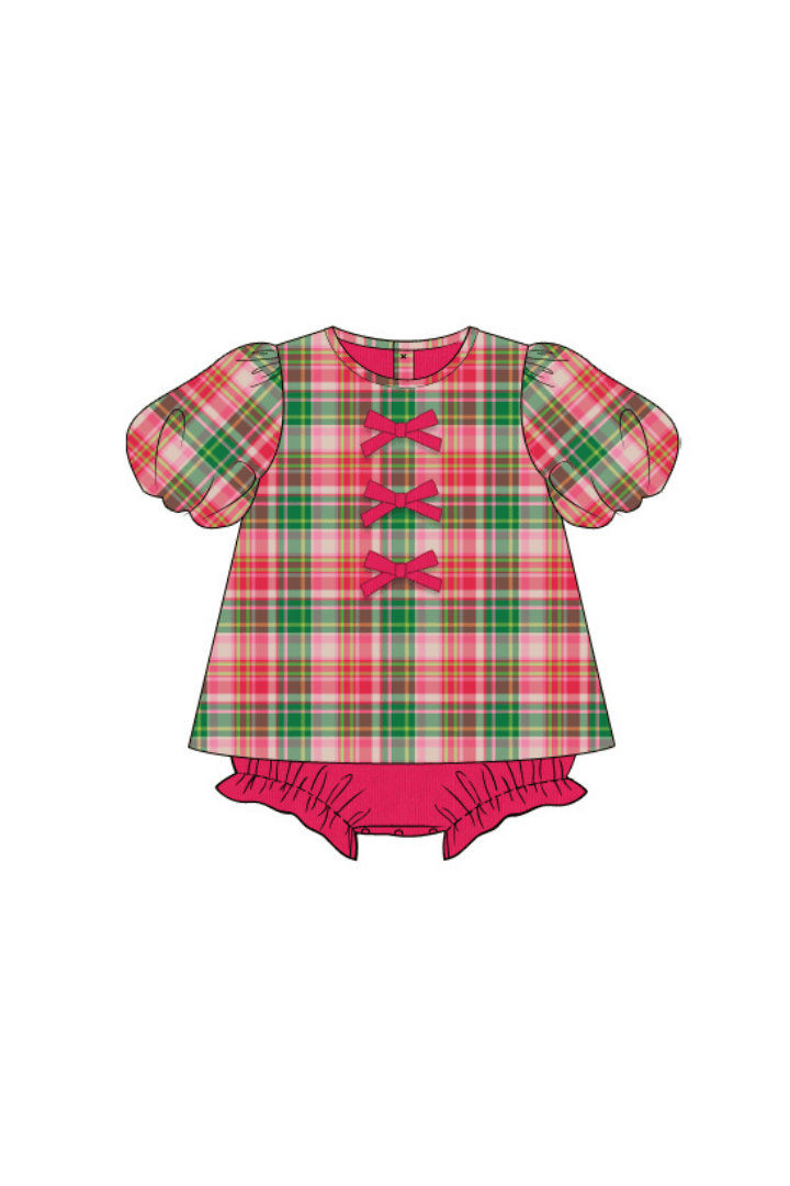The Smocked Flamingo Children's Clothing Pink Holiday Plaid Puff Sleeve Corduroy Skirted Bubble