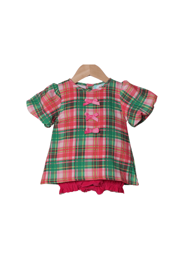 The Smocked Flamingo Children's Clothing Pink Holiday Plaid Puff Sleeve Corduroy Skirted Bubble