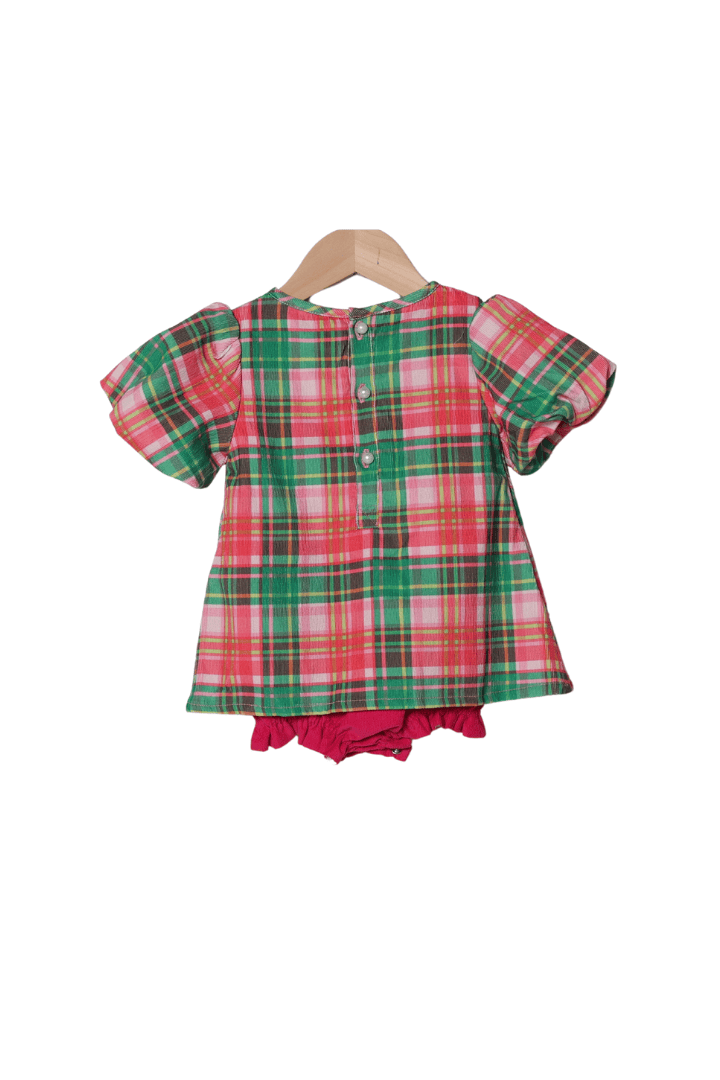 The Smocked Flamingo Children's Clothing Pink Holiday Plaid Puff Sleeve Corduroy Skirted Bubble