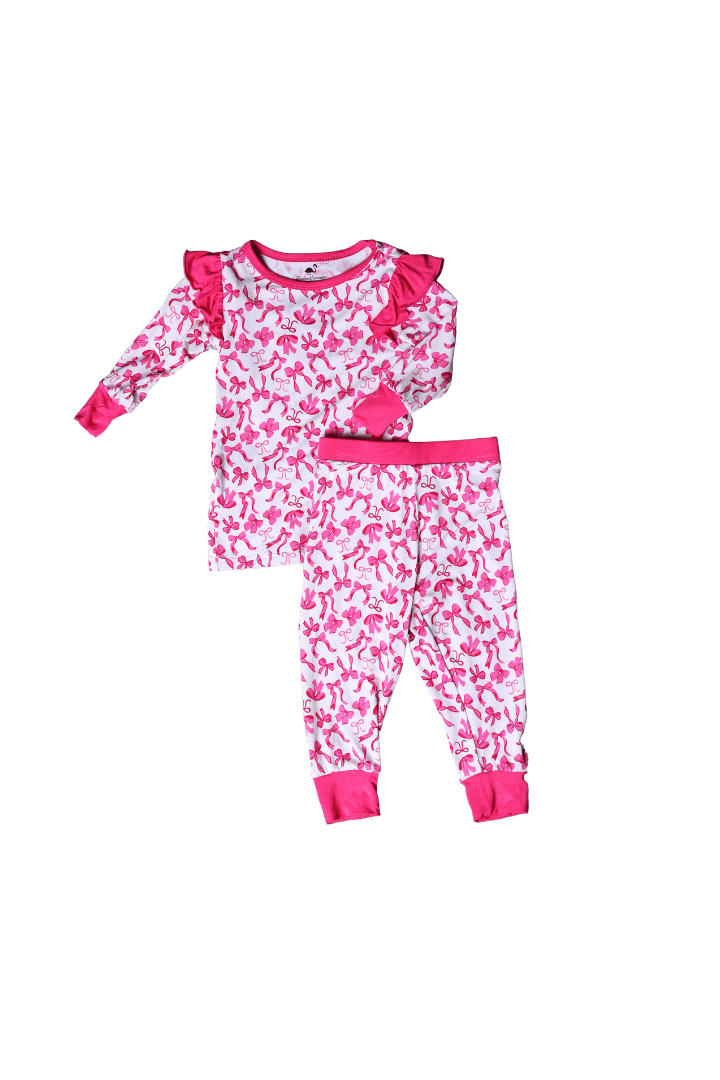 The Smocked Flamingo Children's Clothing Pink Ruffle Bow Bamboo Pajamas