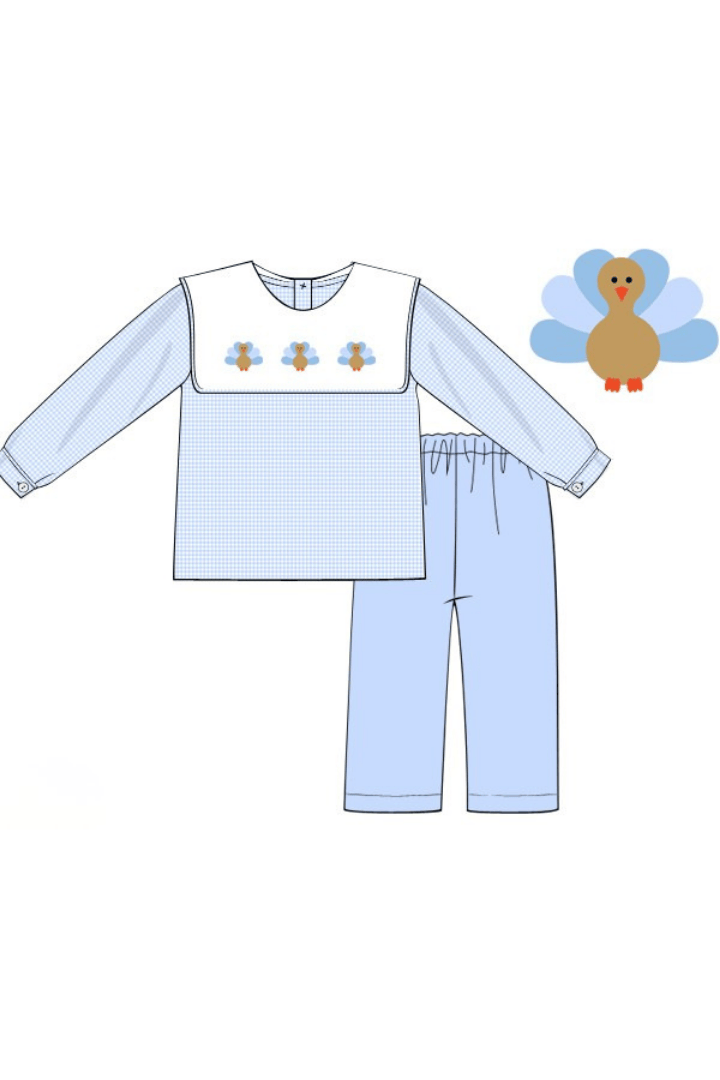 The Smocked Flamingo Children's Clothing Pre-Order Embroidered Turkey Blue Gingham Bib Collar Pant Set