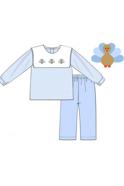 The Smocked Flamingo Children's Clothing Pre-Order Embroidered Turkey Blue Gingham Bib Collar Pant Set