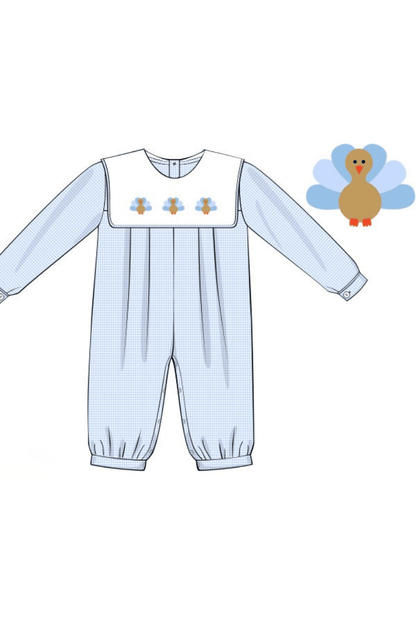 The Smocked Flamingo Children's Clothing Pre-Order Embroidered Turkey Blue Gingham Bib Collar Romper