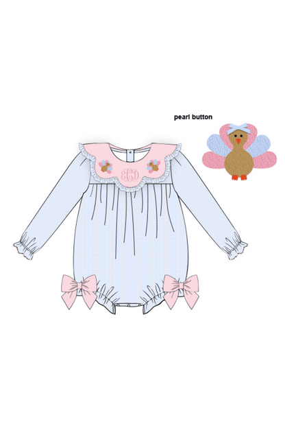The Smocked Flamingo Children's Clothing Pre-Order French Knot Turkey Blue Gingham Bow Bubble