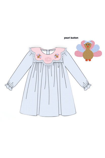The Smocked Flamingo Children's Clothing Pre-Order French Knot Turkey Blue Gingham Dress