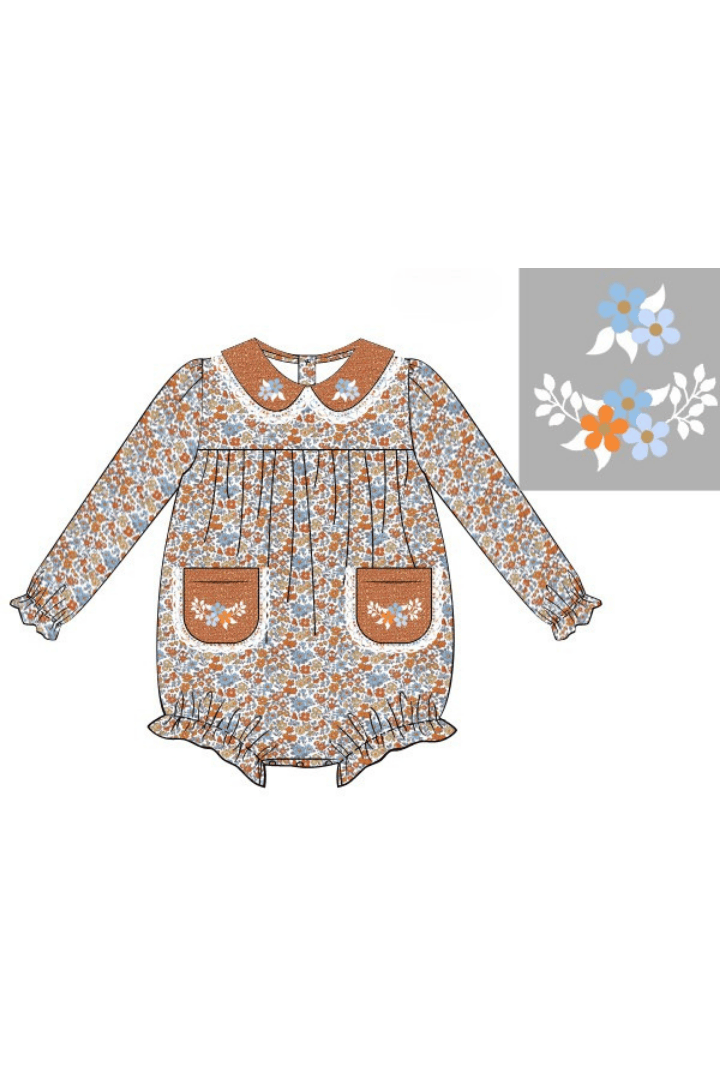 The Smocked Flamingo Children's Clothing Pre-Order Hand Embroidered Fall Floral Bubble