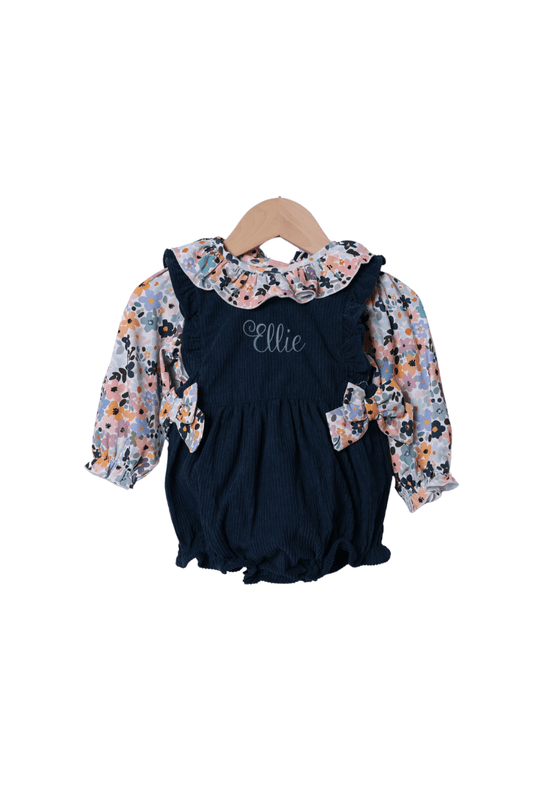 The Smocked Flamingo Children's Clothing Pre-Order Navy Corduroy and Blue Fall Floral 2 Pc Bubble