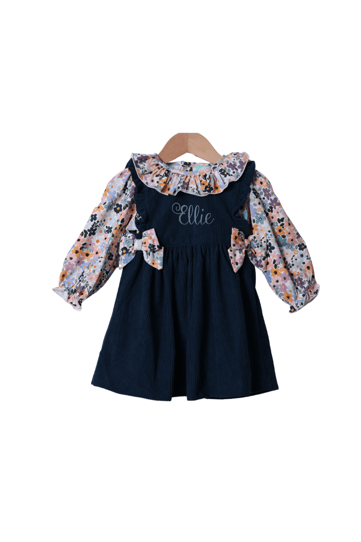 The Smocked Flamingo Children's Clothing Pre-Order Navy Corduroy and Blue Fall Floral 2 Pc Dress