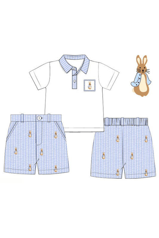 The Smocked Flamingo Children's Clothing Pre-Order Smocked Peter Rabbit Blue Seersucker Short Set