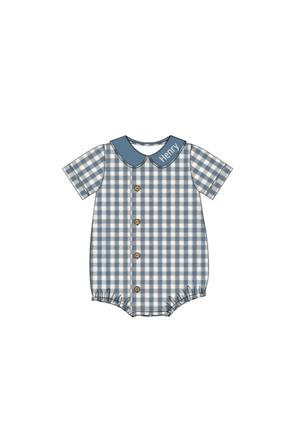 The Smocked Flamingo Children's Clothing Pre-Order Stone Blue Linen Buffalo Check Button Bubble