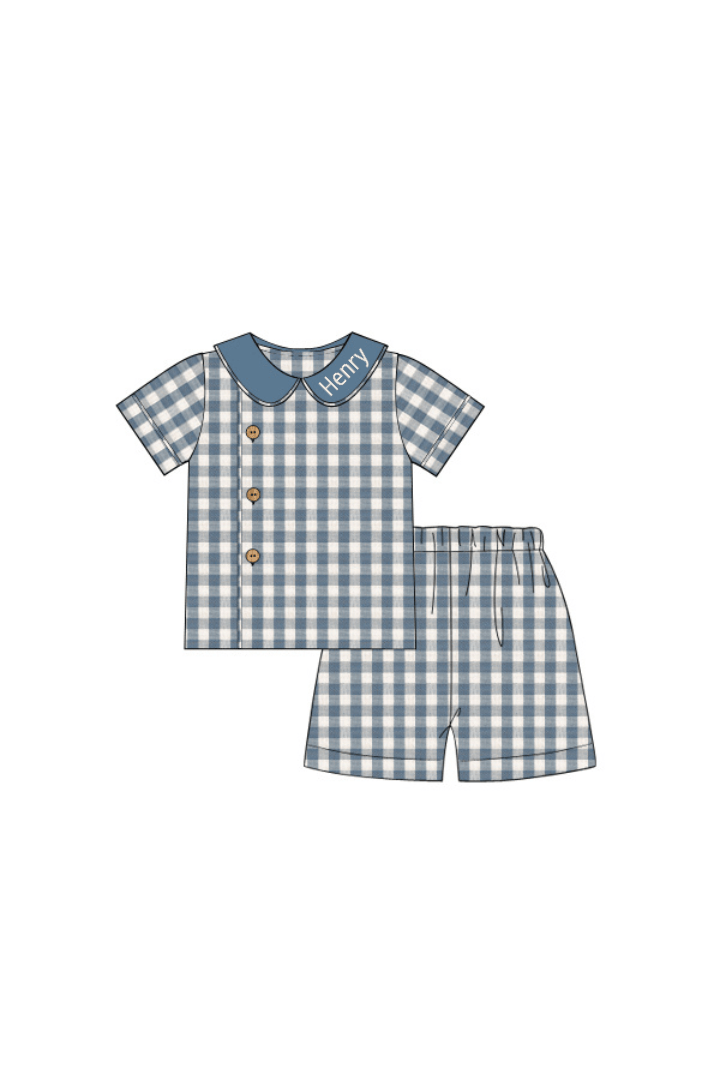 The Smocked Flamingo Children's Clothing Pre-Order Stone Blue Linen Buffalo Check Button Short Set