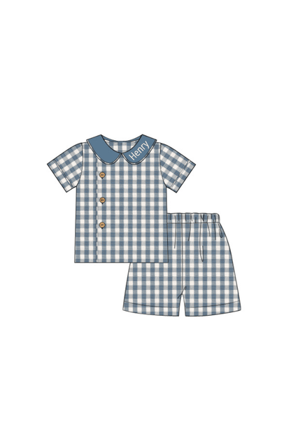 The Smocked Flamingo Children's Clothing Pre-Order Stone Blue Linen Buffalo Check Button Short Set