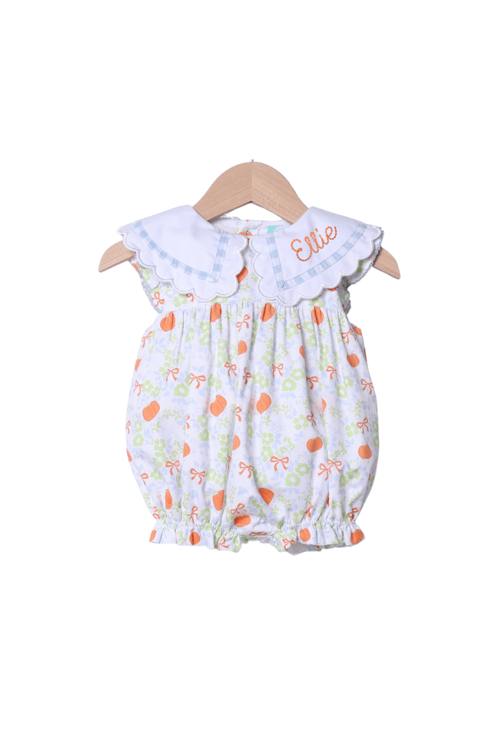 The Smocked Flamingo Children's Clothing Pumpkin and Bows Flutter Sleeve Bubble
