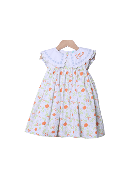 The Smocked Flamingo Children's Clothing Pumpkin and Bows Flutter Sleeve Dress