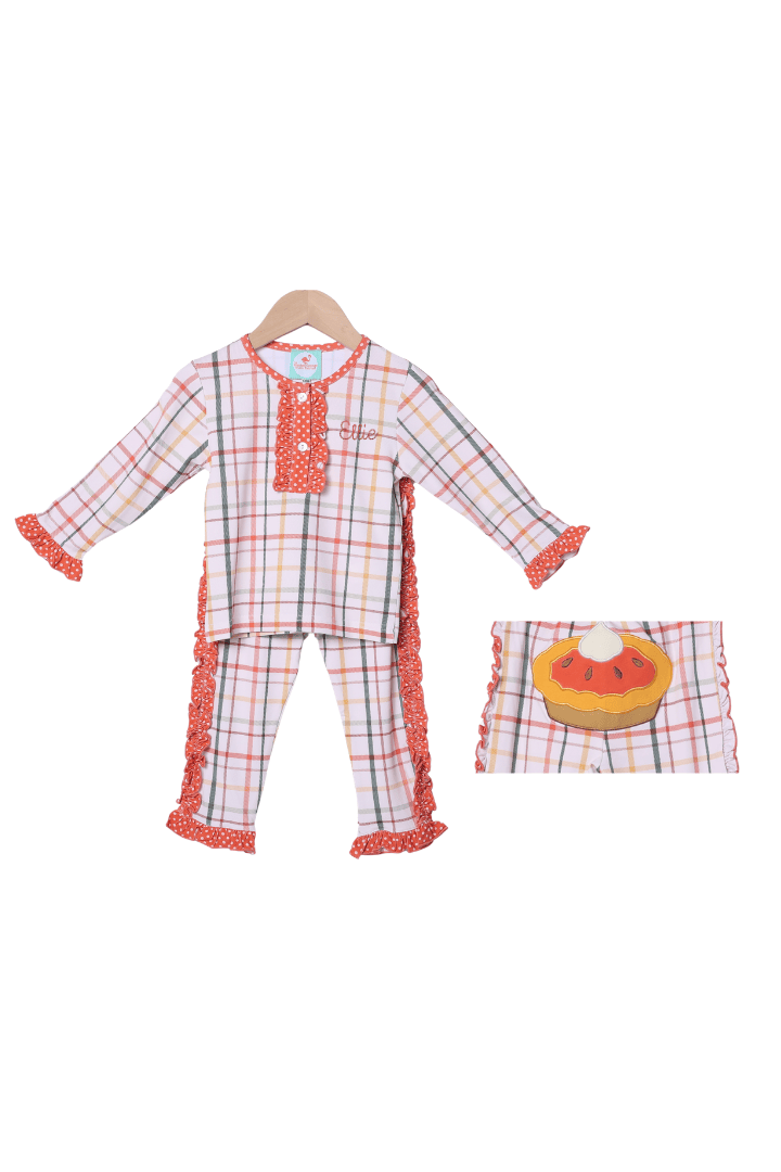 The Smocked Flamingo Children's Clothing Pumpkin Pie Plaid Ruffle Lounge Set