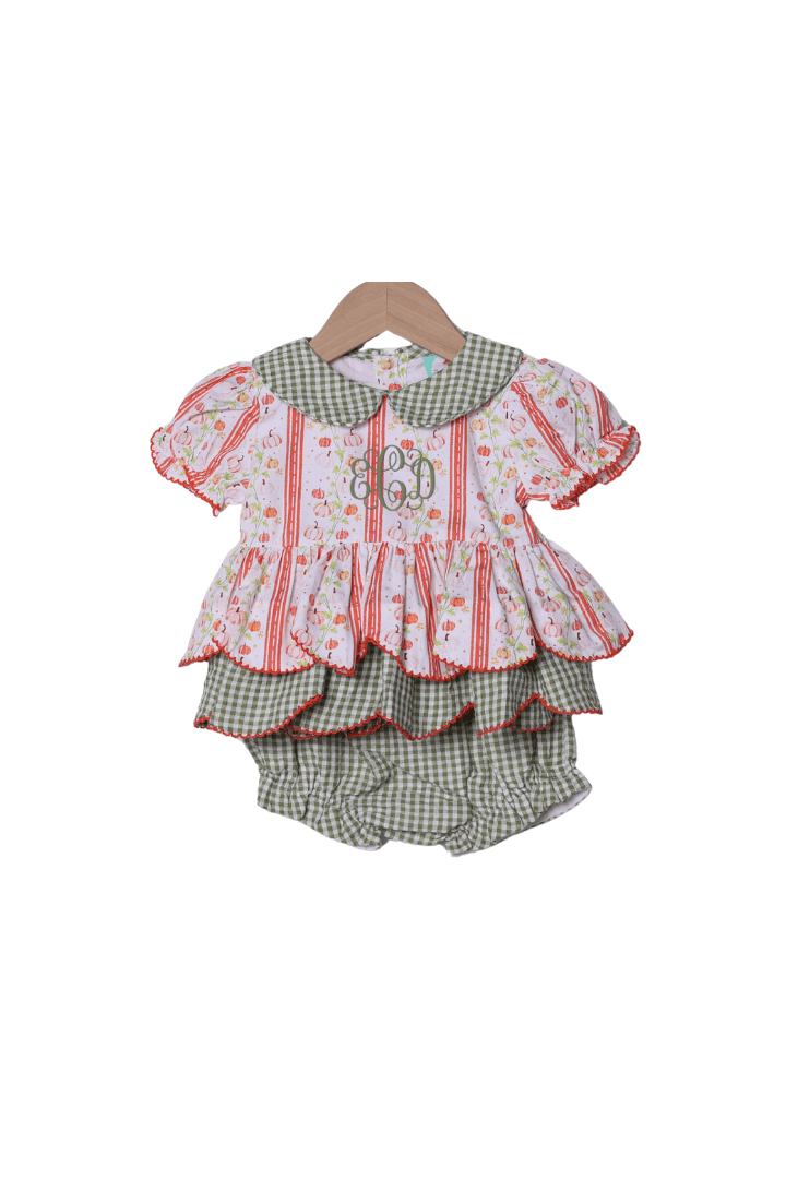 The Smocked Flamingo Children's Clothing Pumpkin Trellis Green Seersucker Scalloped Bloomer Set