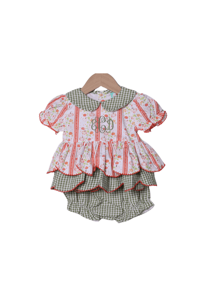 The Smocked Flamingo Children's Clothing Pumpkin Trellis Green Seersucker Scalloped Bloomer Set