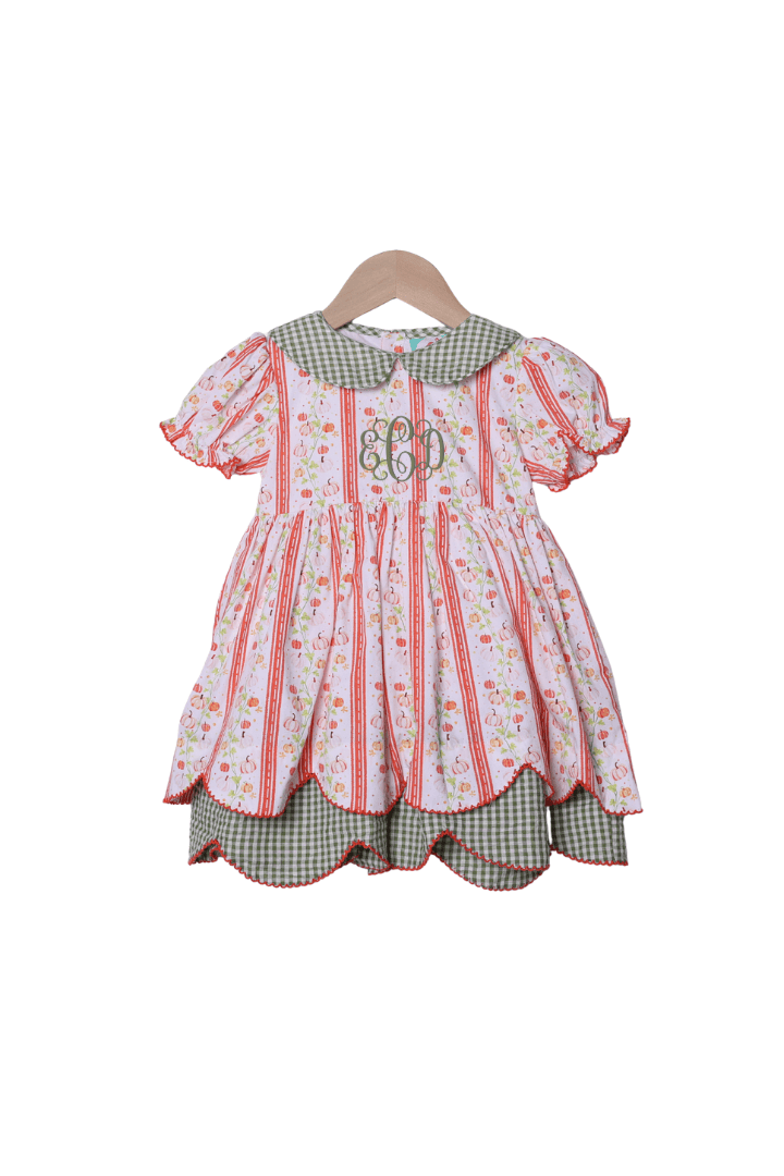 The Smocked Flamingo Children's Clothing Pumpkin Trellis Green Seersucker Scalloped Dress