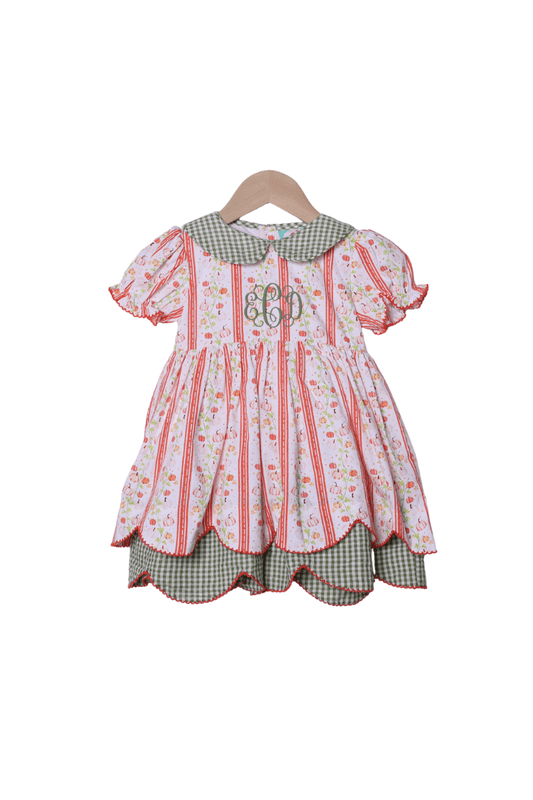 The Smocked Flamingo Children's Clothing Pumpkin Trellis Green Seersucker Scalloped Dress