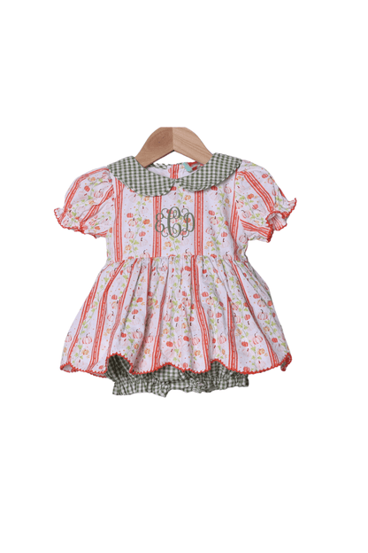 The Smocked Flamingo Children's Clothing Pumpkin Trellis Green Seersucker Scalloped Skirted Bubble
