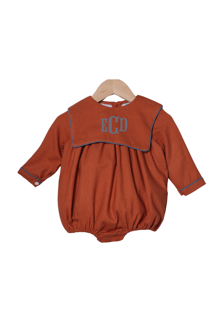 The Smocked Flamingo Children's Clothing Rust Linen Long Sleeve Bib Bubble
