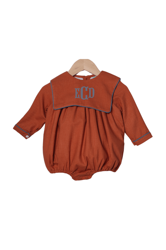 The Smocked Flamingo Children's Clothing Rust Linen Long Sleeve Bib Bubble