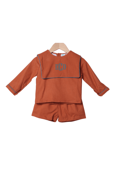 The Smocked Flamingo Children's Clothing Rust Linen Long Sleeve Bib Short Set