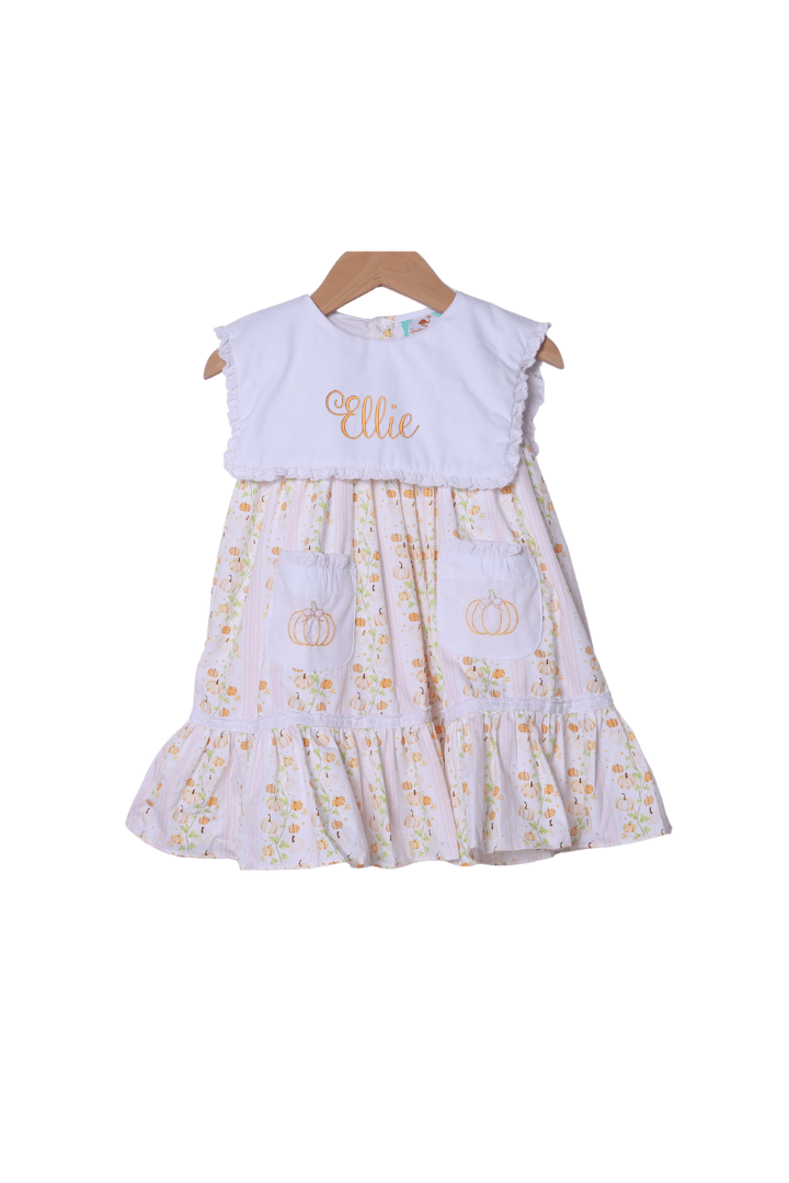 The Smocked Flamingo Children's Clothing Shadow Embroidery Pumpkin Trellis Dress