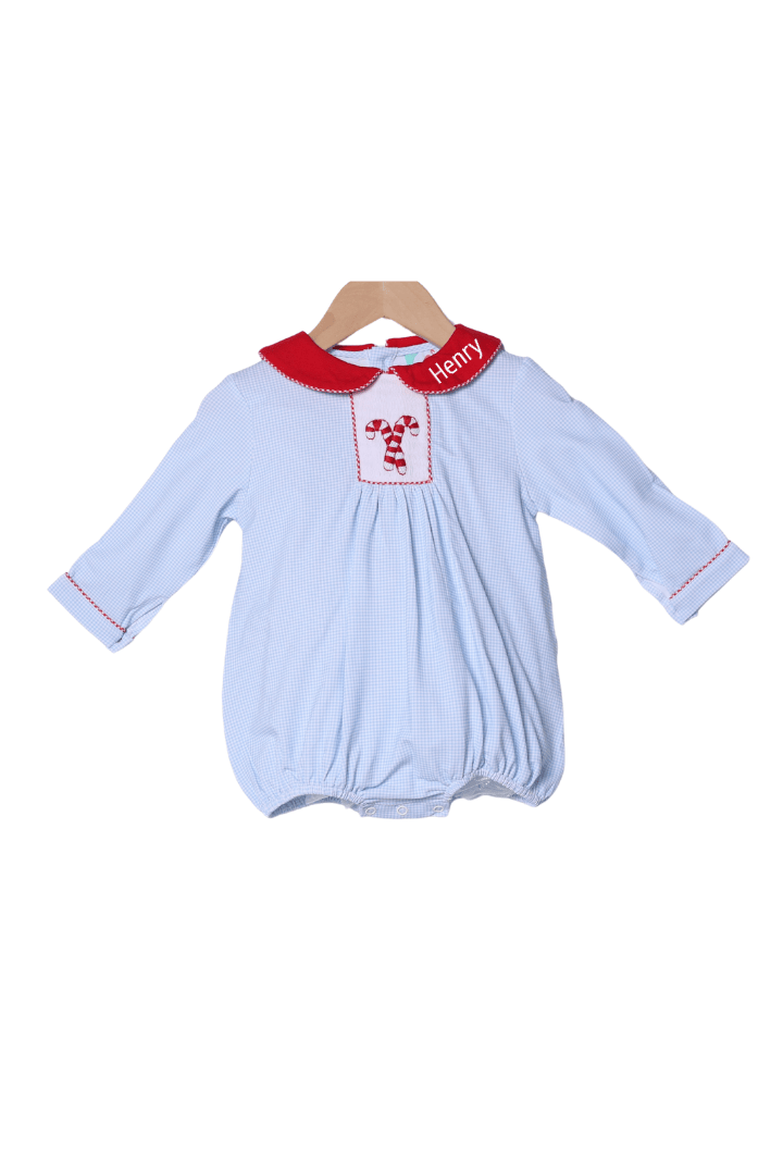 The Smocked Flamingo Children's Clothing Smocked Candy Cane Blue Gingham Bubble