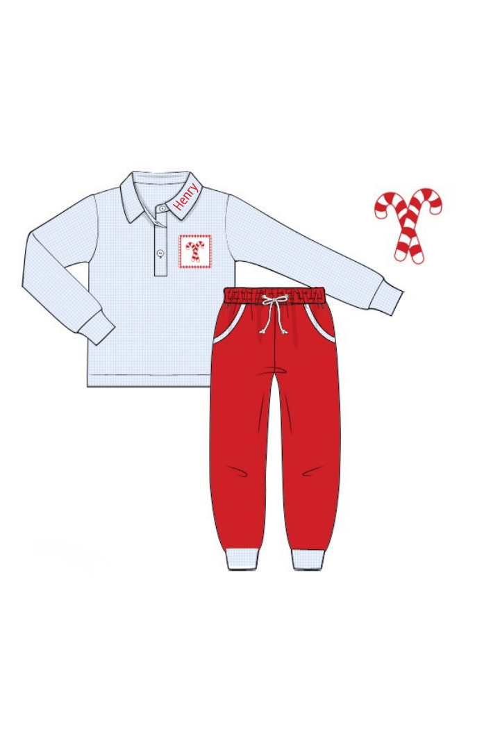 The Smocked Flamingo Children's Clothing Smocked Candy Cane Blue Gingham Pant Set