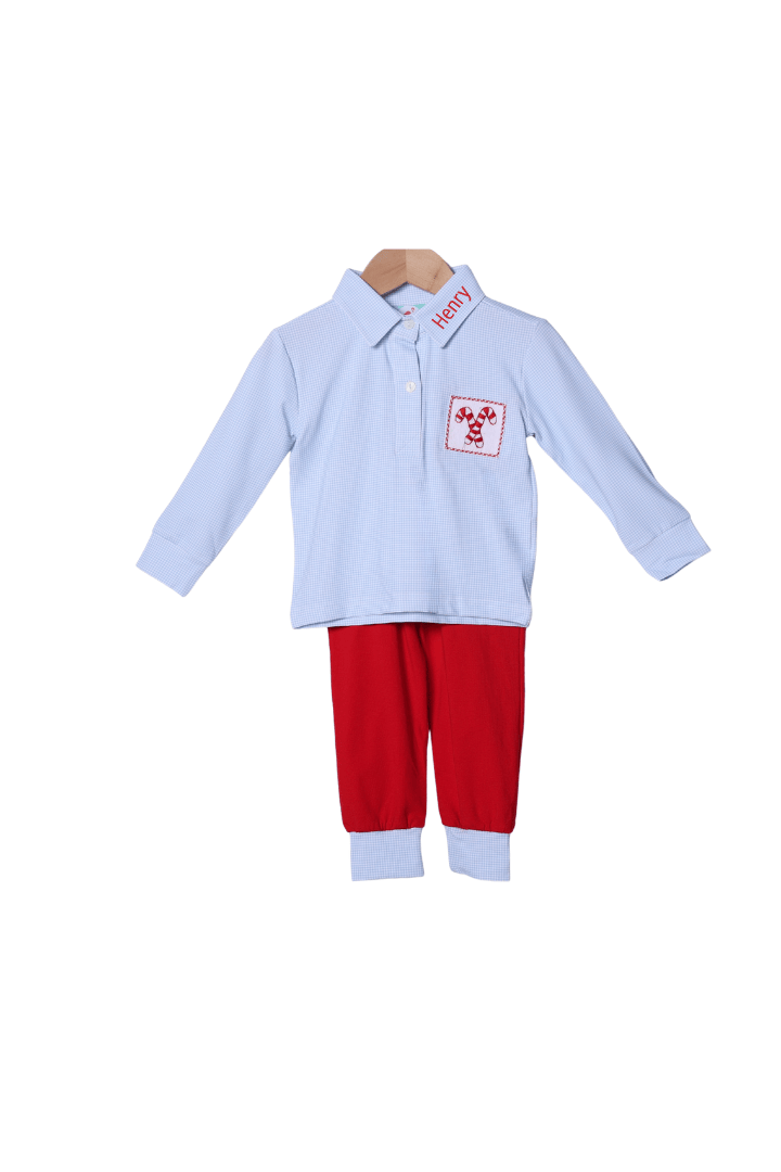 The Smocked Flamingo Children's Clothing Smocked Candy Cane Blue Gingham Pant Set