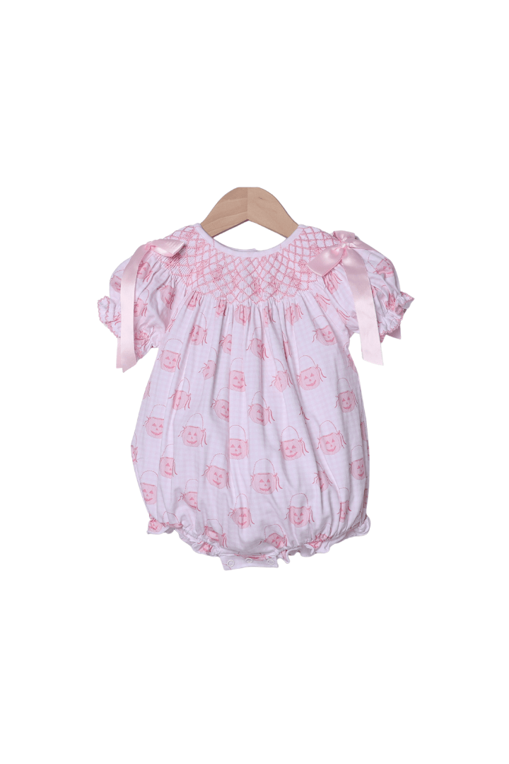 The Smocked Flamingo Children's Clothing Smocked Heirloom Pink Jack O Lantern Bubble
