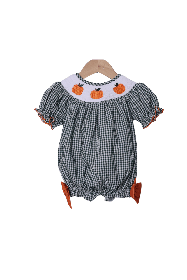 The Smocked Flamingo Children's Clothing Smocked Pumpkin Green Gingham Seersucker Bow Bubble
