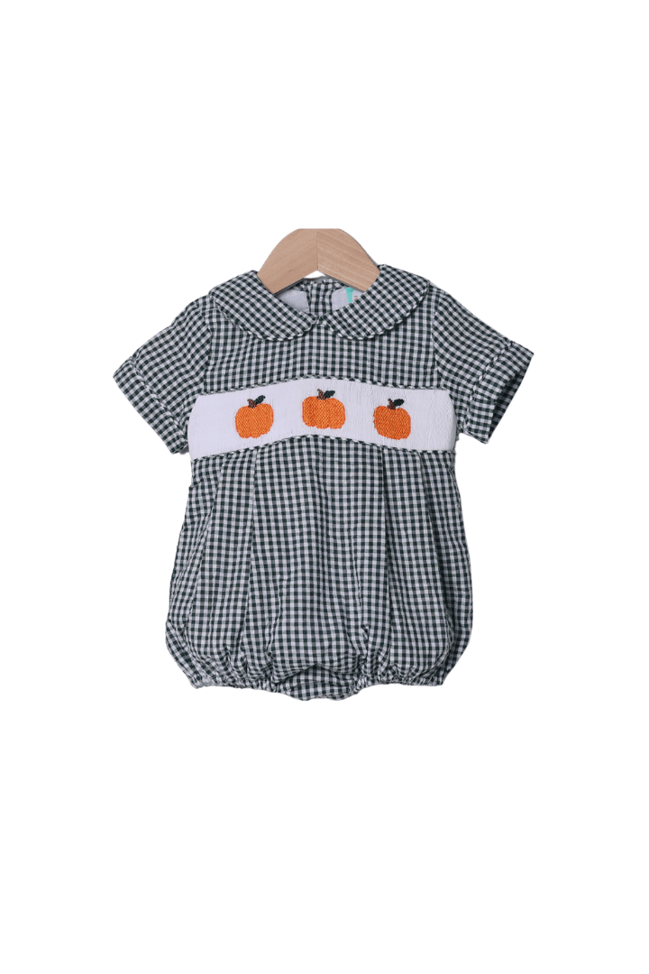 The Smocked Flamingo Children's Clothing Smocked Pumpkin Green Gingham Seersucker Bubble