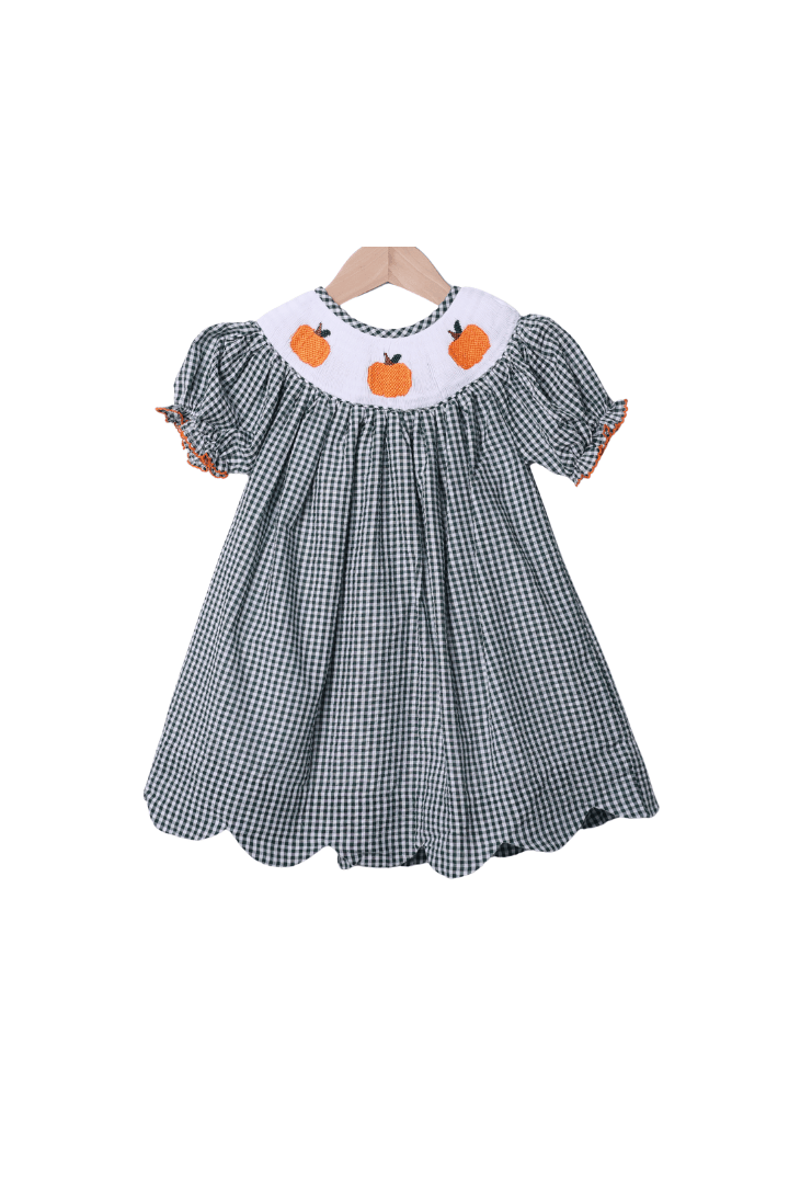 The Smocked Flamingo Children's Clothing Smocked Pumpkin Green Gingham Seersucker Dress