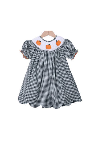 The Smocked Flamingo Children's Clothing Smocked Pumpkin Green Gingham Seersucker Dress