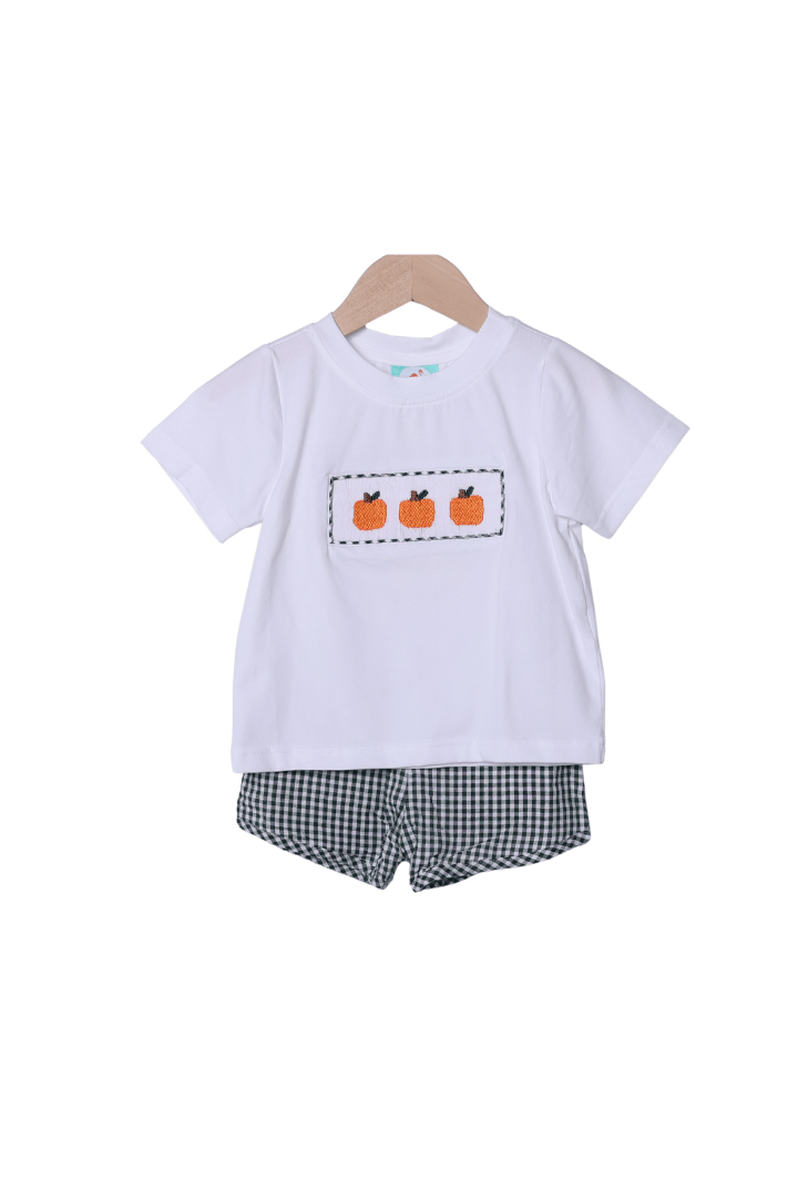 The Smocked Flamingo Children's Clothing Smocked Pumpkin Green Gingham Seersucker Short Set