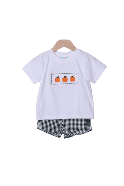 The Smocked Flamingo Children's Clothing Smocked Pumpkin Green Gingham Seersucker Short Set