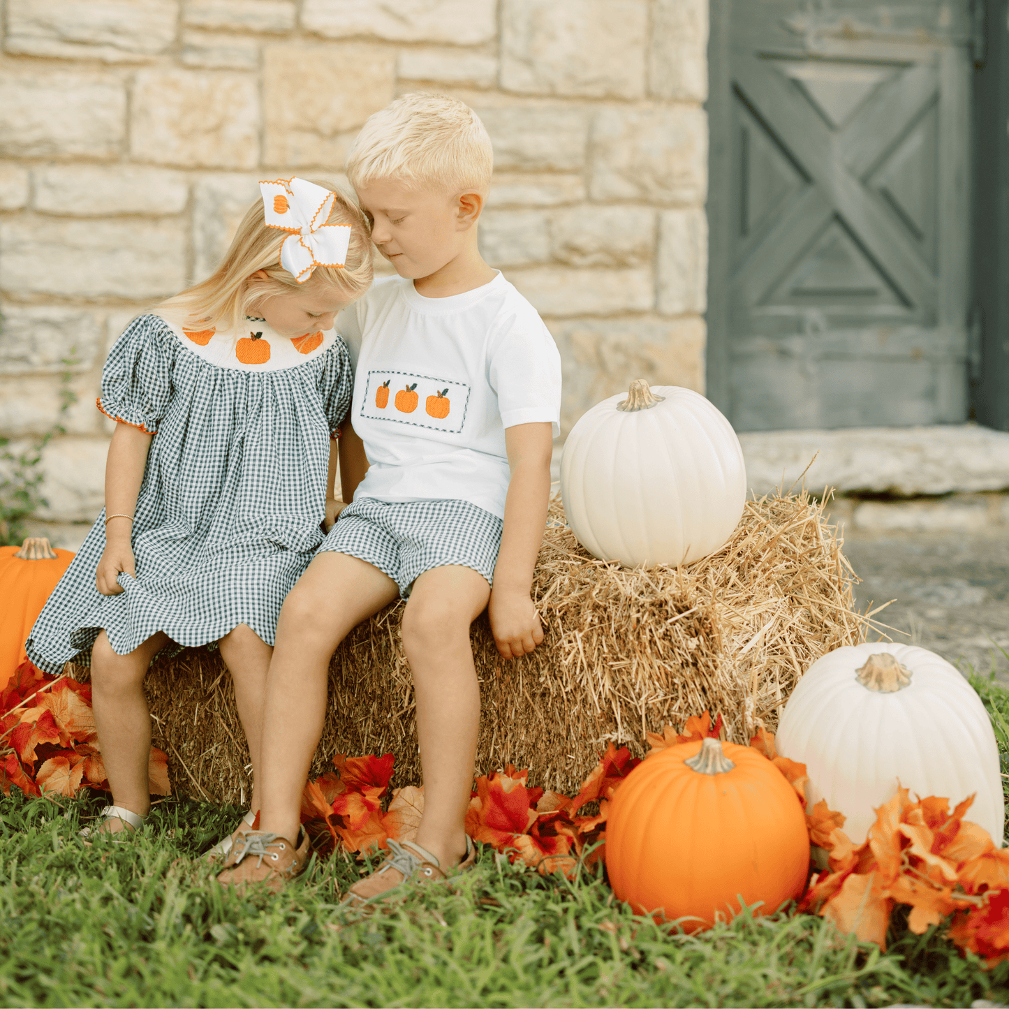 The Smocked Flamingo Children's Clothing Smocked Pumpkin Green Gingham Seersucker Short Set