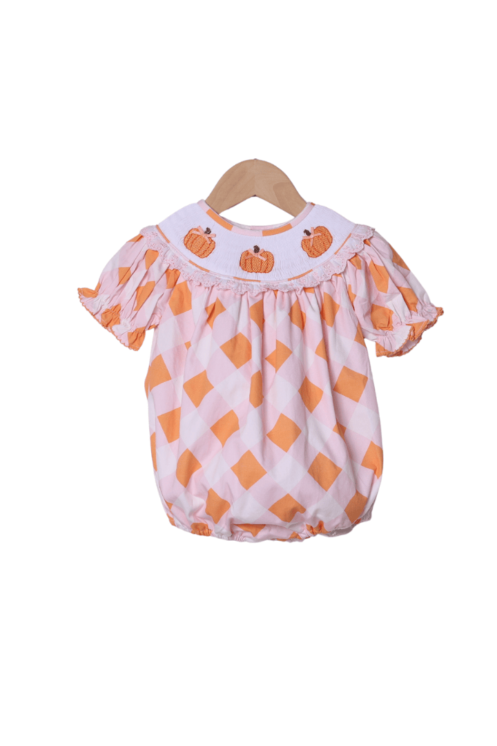 The Smocked Flamingo Children's Clothing Smocked Pumpkin Pink and Orange Buffalo Check Bubble