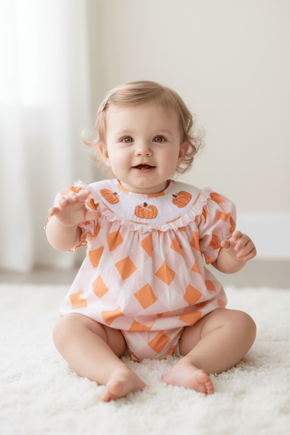 The Smocked Flamingo Children's Clothing Smocked Pumpkin Pink and Orange Buffalo Check Bubble