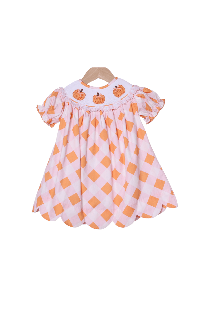 The Smocked Flamingo Children's Clothing Smocked Pumpkin Pink and Orange Buffalo Check Dress