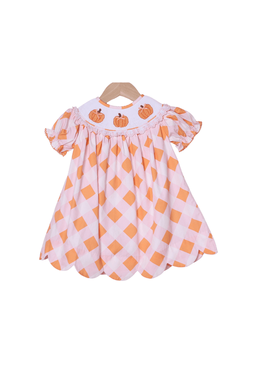 The Smocked Flamingo Children's Clothing Smocked Pumpkin Pink and Orange Buffalo Check Dress