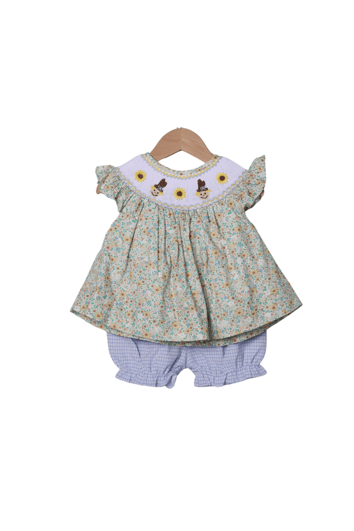 The Smocked Flamingo Children's Clothing Smocked Scarecrow and Sunflowers Short Set