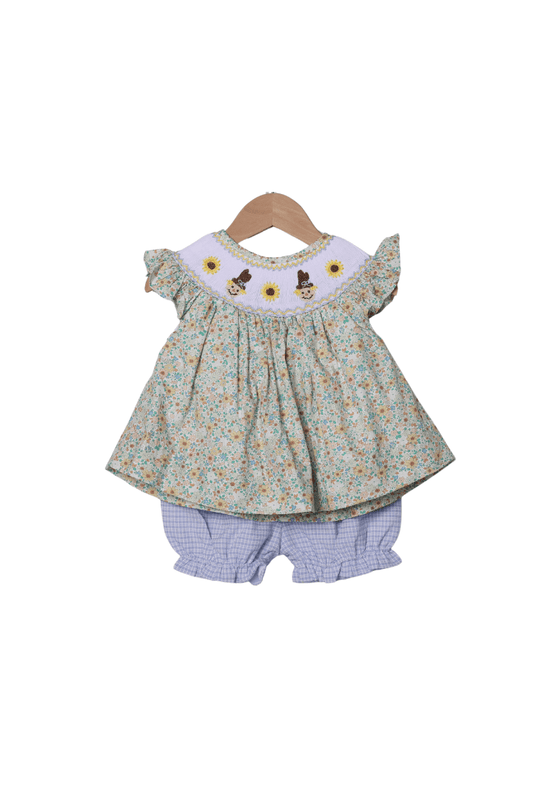 The Smocked Flamingo Children's Clothing Smocked Scarecrow and Sunflowers Short Set